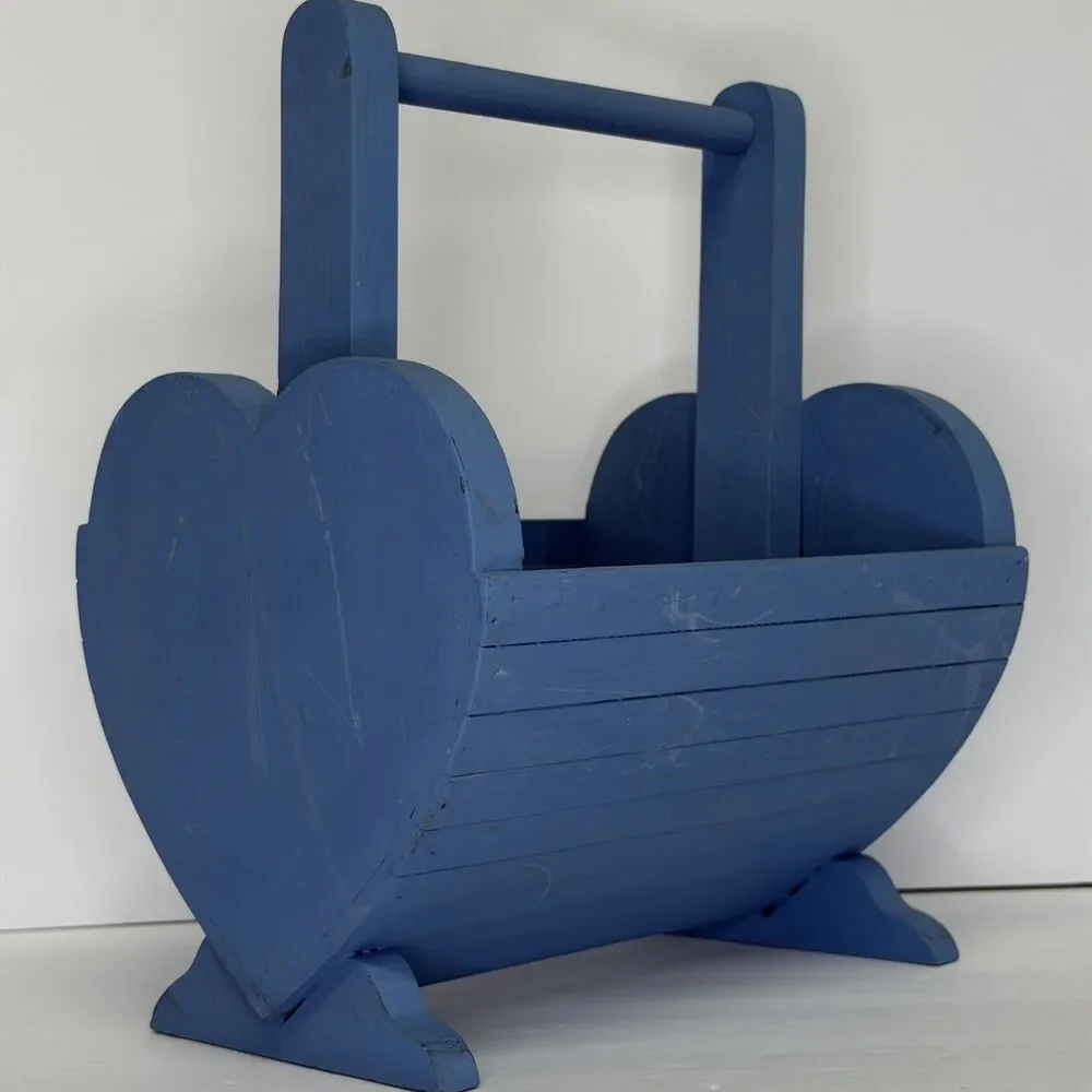Heart Shaped Basket Wooden Vintage with Handle Sturdy Magazine Rack Cottage Core